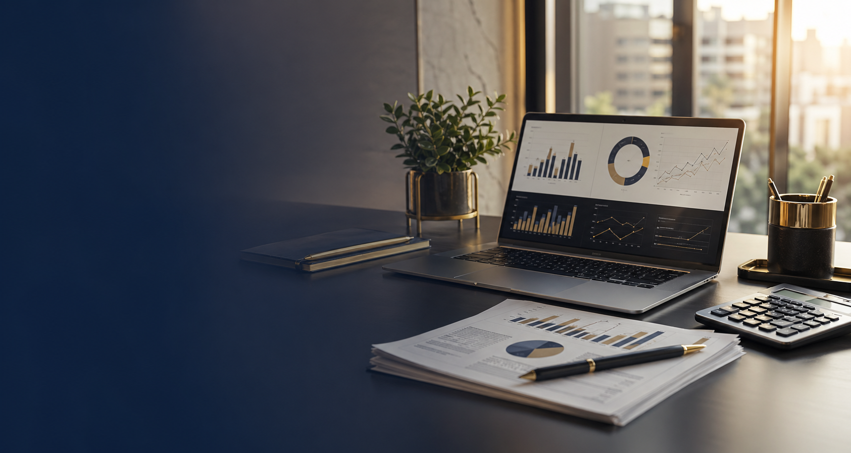Ambiente de contabilidade com relatórios financeiros, calculadora e gráficos de crescimento